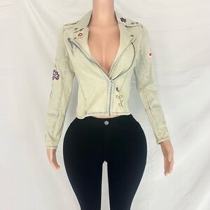 Vintage Floral Embroidered Moto Denim Jacket